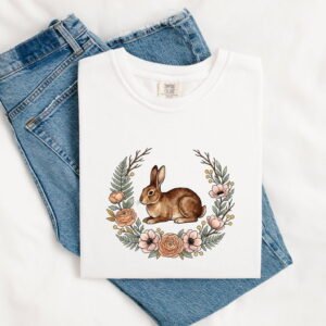 Bunny Rabbit Shirt Easter Animal Gift Women Hand Drawn Tee Rabbit T-Shirt Easter Fan Bunny Tshirt Creature Graphic Vintage Floral Wreath