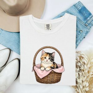 Calico Kitten Basket Shirt Easter Cat Gift Women Hand Drawn Tee Kitten Basket T-Shirt Easter Fan Feline Graphic Tshirt Vintage Wicker Basket