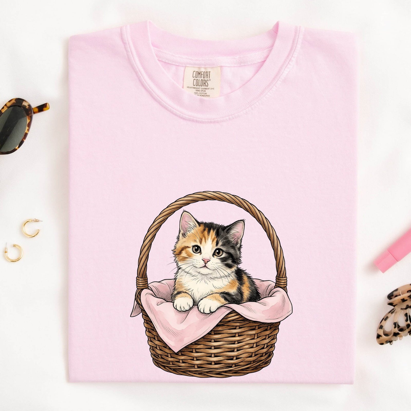 Calico Kitten Basket Shirt Easter Cat Gift Women Hand Drawn Tee Kitten Basket T-Shirt Easter Fan Feline Graphic Tshirt Vintage Wicker Basket - Image 2