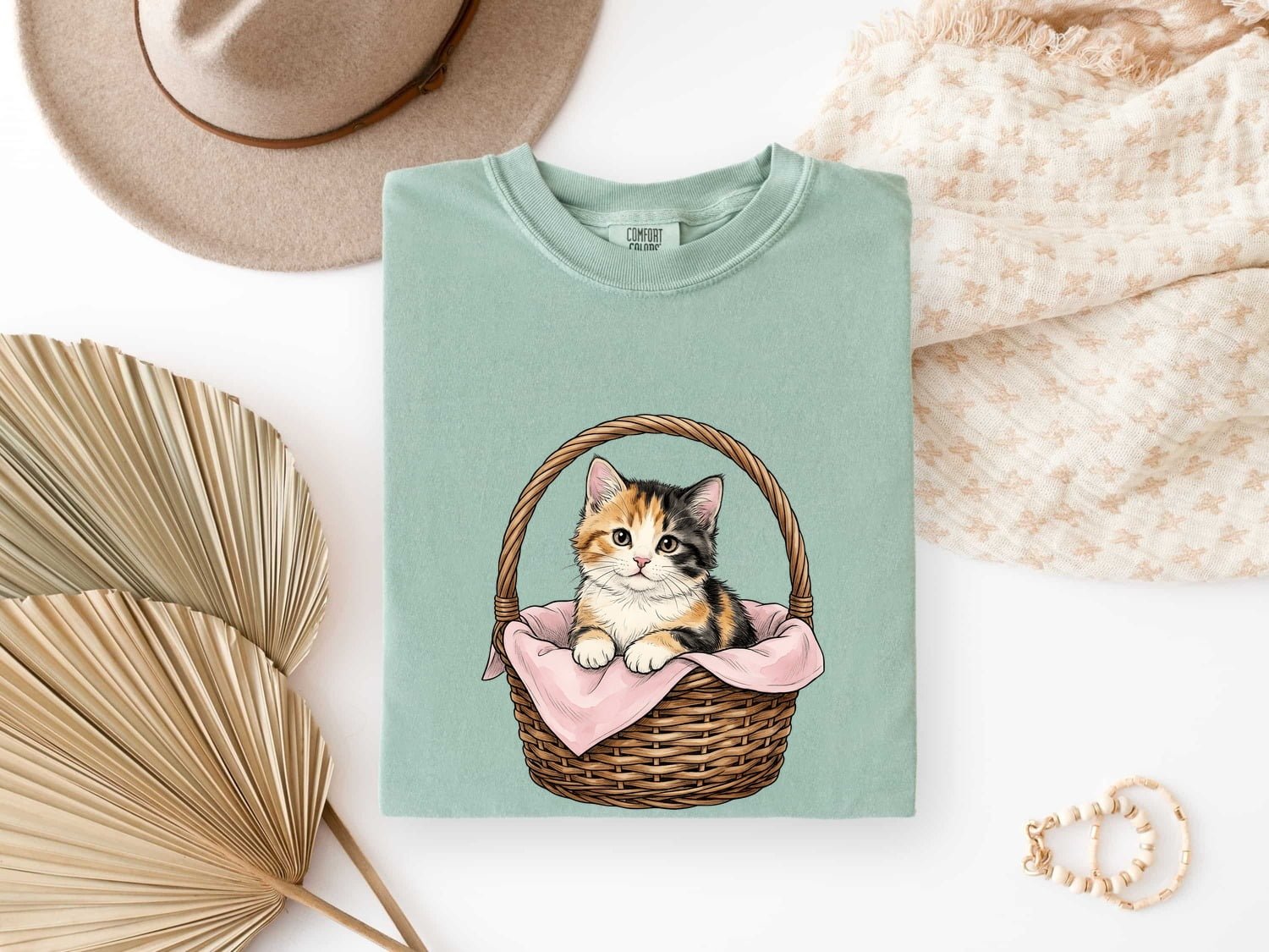 Calico Kitten Basket Shirt Easter Cat Gift Women Hand Drawn Tee Kitten Basket T-Shirt Easter Fan Feline Graphic Tshirt Vintage Wicker Basket - Image 3