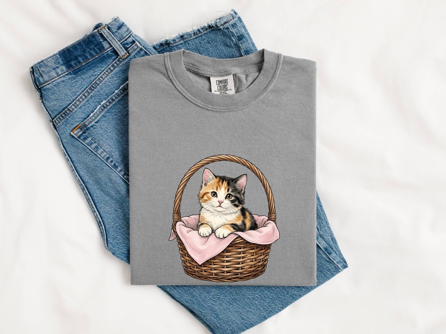 Calico Kitten Basket Shirt Easter Cat Gift Women Hand Drawn Tee Kitten Basket T-Shirt Easter Fan Feline Graphic Tshirt Vintage Wicker Basket - Image 4