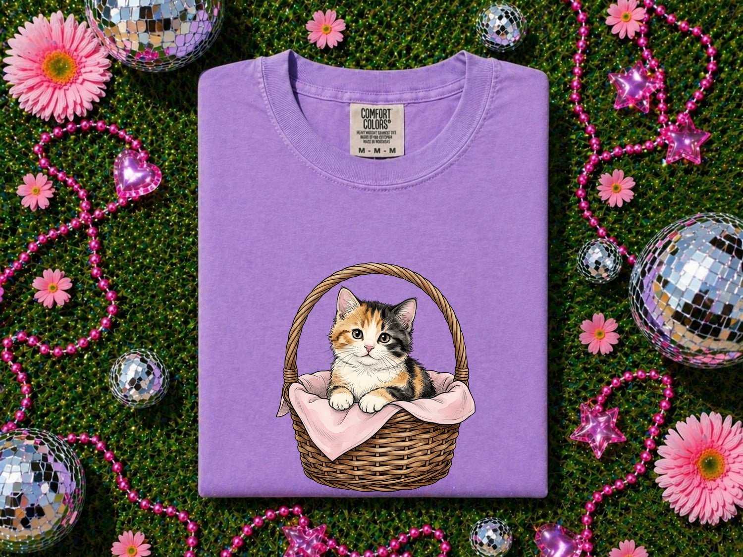 Calico Kitten Basket Shirt Easter Cat Gift Women Hand Drawn Tee Kitten Basket T-Shirt Easter Fan Feline Graphic Tshirt Vintage Wicker Basket - Image 5
