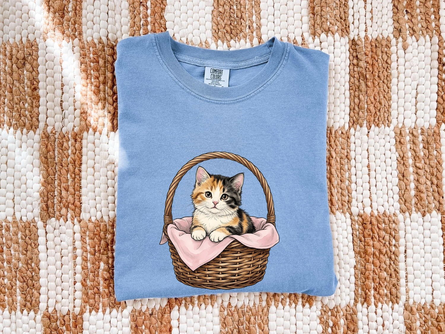 Calico Kitten Basket Shirt Easter Cat Gift Women Hand Drawn Tee Kitten Basket T-Shirt Easter Fan Feline Graphic Tshirt Vintage Wicker Basket - Image 6