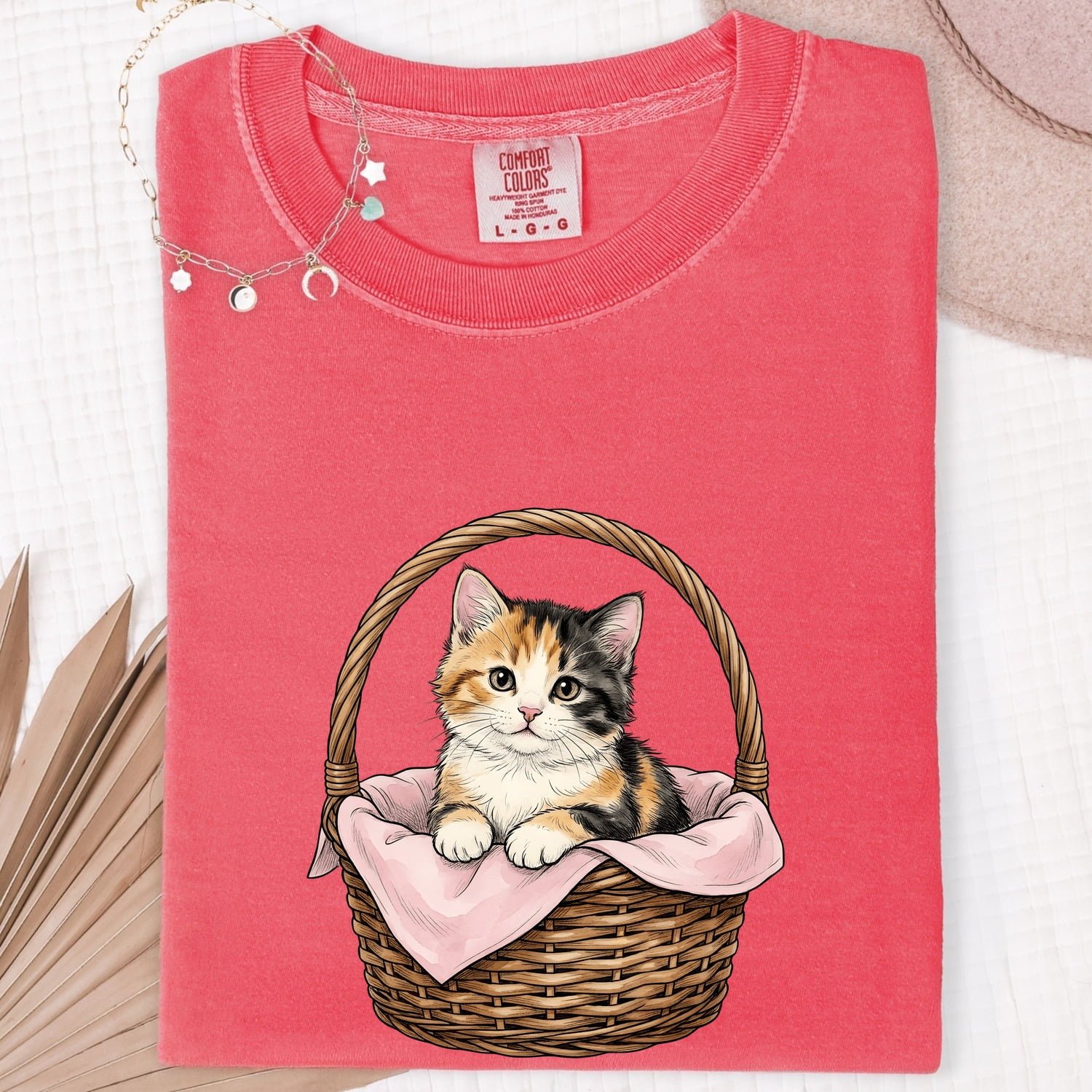 Calico Kitten Basket Shirt Easter Cat Gift Women Hand Drawn Tee Kitten Basket T-Shirt Easter Fan Feline Graphic Tshirt Vintage Wicker Basket - Image 7