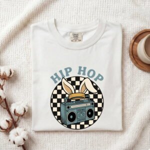 Music Player Bunny Ears Shirt Easter Instrument Gift Women Caricature Tee Headphones T-Shirt Easter Fan Cartoon Tshirt Guitar Graphic