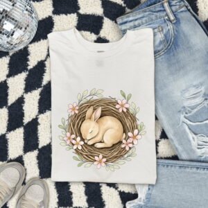 Rabbit Nest Shirt Easter Wildlife Gift Women Watercolor Tee Burrow T-Shirt Easter Fan Hare Tshirt Wildlife Graphic Sketch Blossoms Tshirt