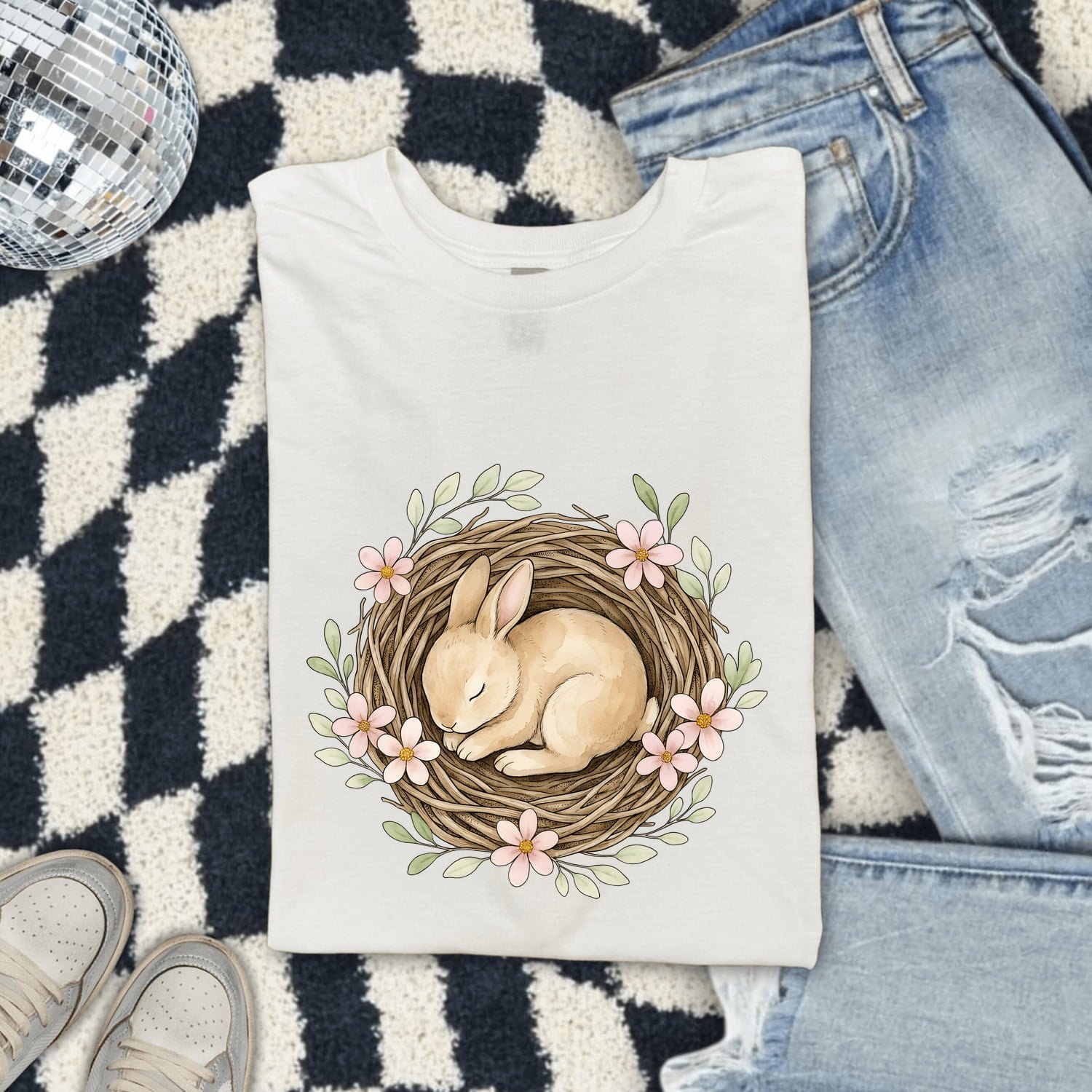 Rabbit Nest Shirt Easter Wildlife Gift Women Watercolor Tee Burrow T-Shirt Easter Fan Hare Tshirt Wildlife Graphic Sketch Blossoms Tshirt