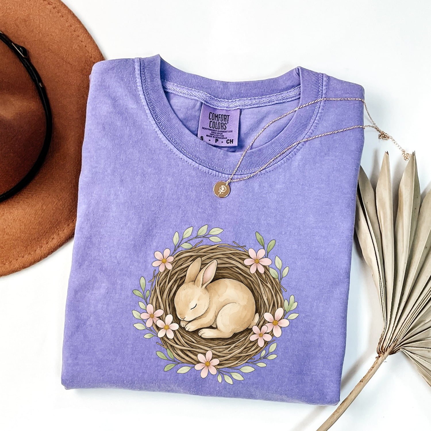 Rabbit Nest Shirt Easter Wildlife Gift Women Watercolor Tee Burrow T-Shirt Easter Fan Hare Tshirt Wildlife Graphic Sketch Blossoms Tshirt - Image 2