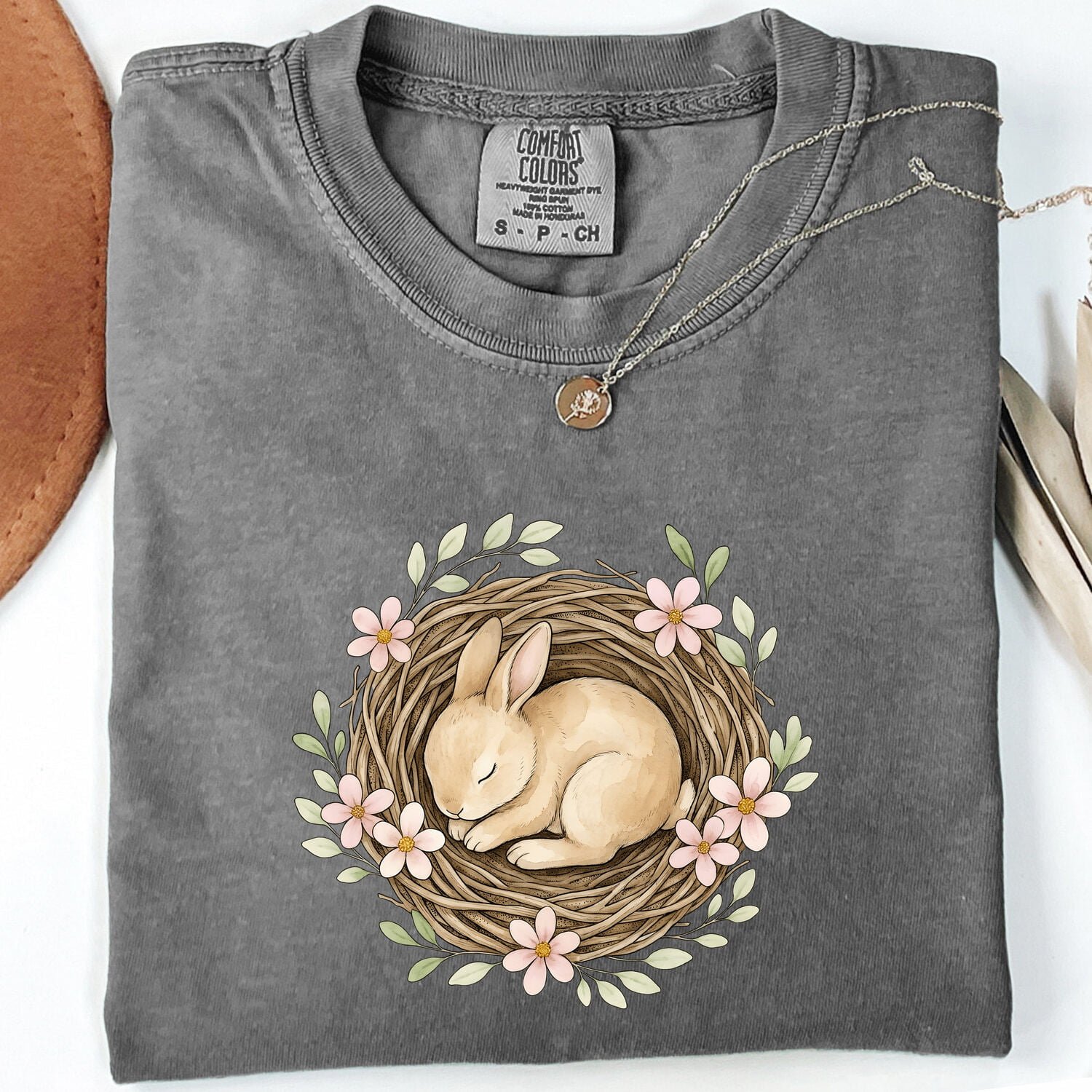 Rabbit Nest Shirt Easter Wildlife Gift Women Watercolor Tee Burrow T-Shirt Easter Fan Hare Tshirt Wildlife Graphic Sketch Blossoms Tshirt - Image 4