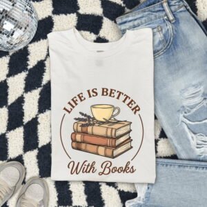 Stacked Books Shirt Book Botanical Gift Women Classic Tee Book Pile T-Shirt Bibliophile Enthusiast Vintage Tshirt Floral Graphic Doodle Cup