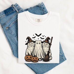 Halloween Cats Shirt Halloween Feline Gift Women Antique Tee Cat T-Shirt Halloween Fan Vintage Tshirt Cat Graphic Cartoon Halloween Pumpkins