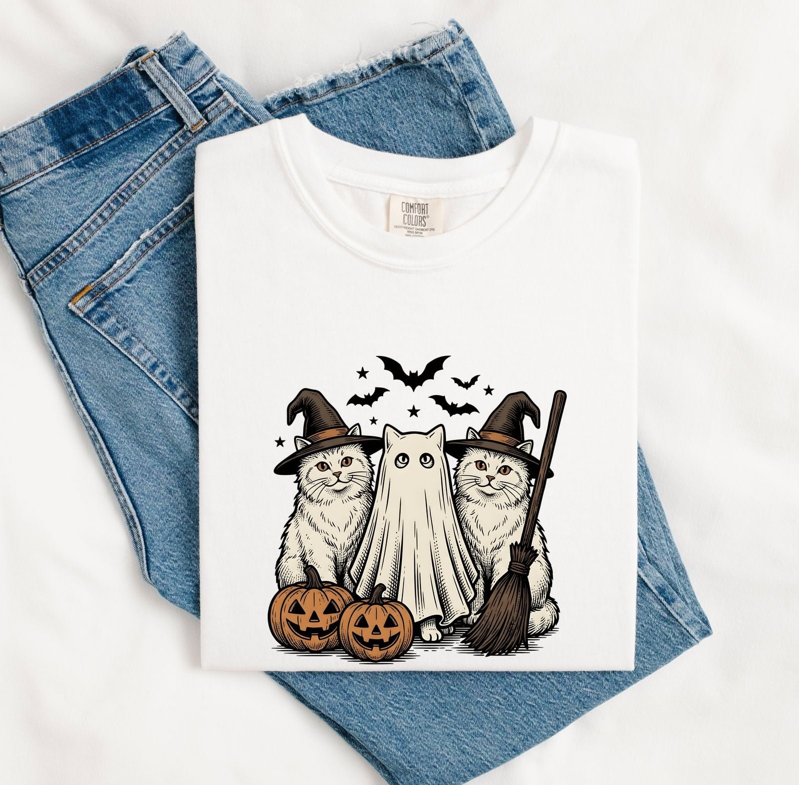Halloween Cats Shirt Halloween Feline Gift Women Antique Tee Cat T-Shirt Halloween Fan Vintage Tshirt Cat Graphic Cartoon Halloween Pumpkins
