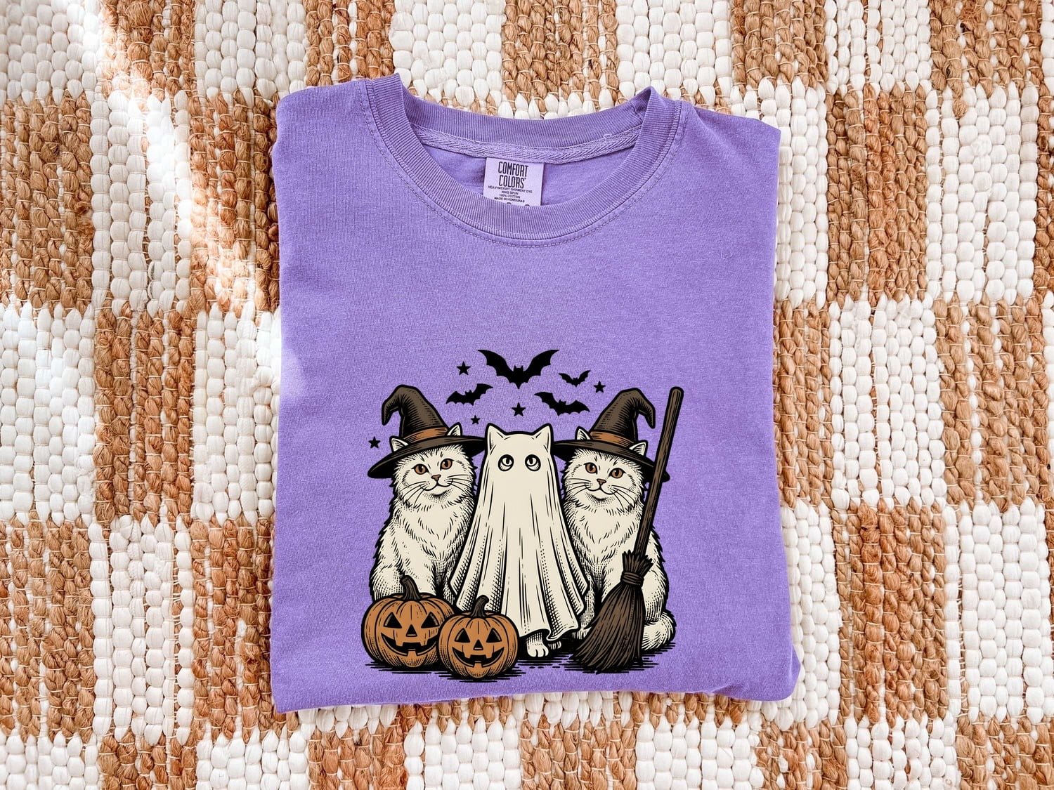 Halloween Cats Shirt Halloween Feline Gift Women Antique Tee Cat T-Shirt Halloween Fan Vintage Tshirt Cat Graphic Cartoon Halloween Pumpkins - Image 2