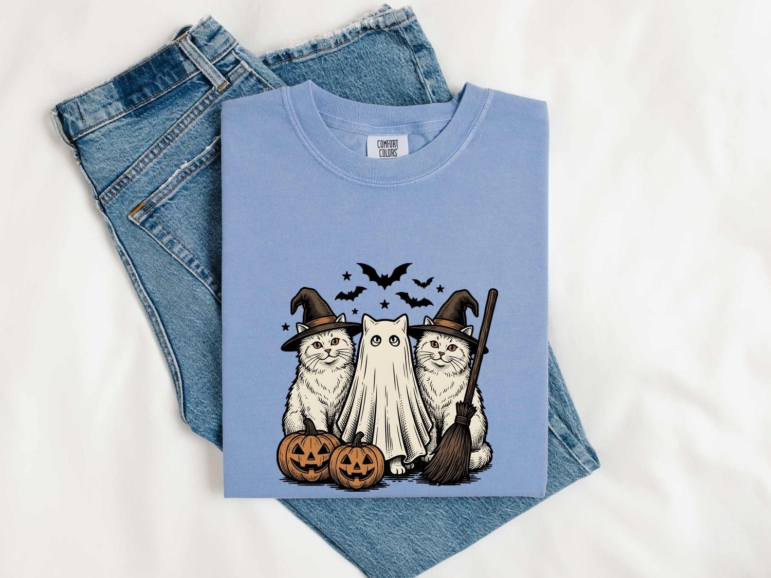 Halloween Cats Shirt Halloween Feline Gift Women Antique Tee Cat T-Shirt Halloween Fan Vintage Tshirt Cat Graphic Cartoon Halloween Pumpkins - Image 4